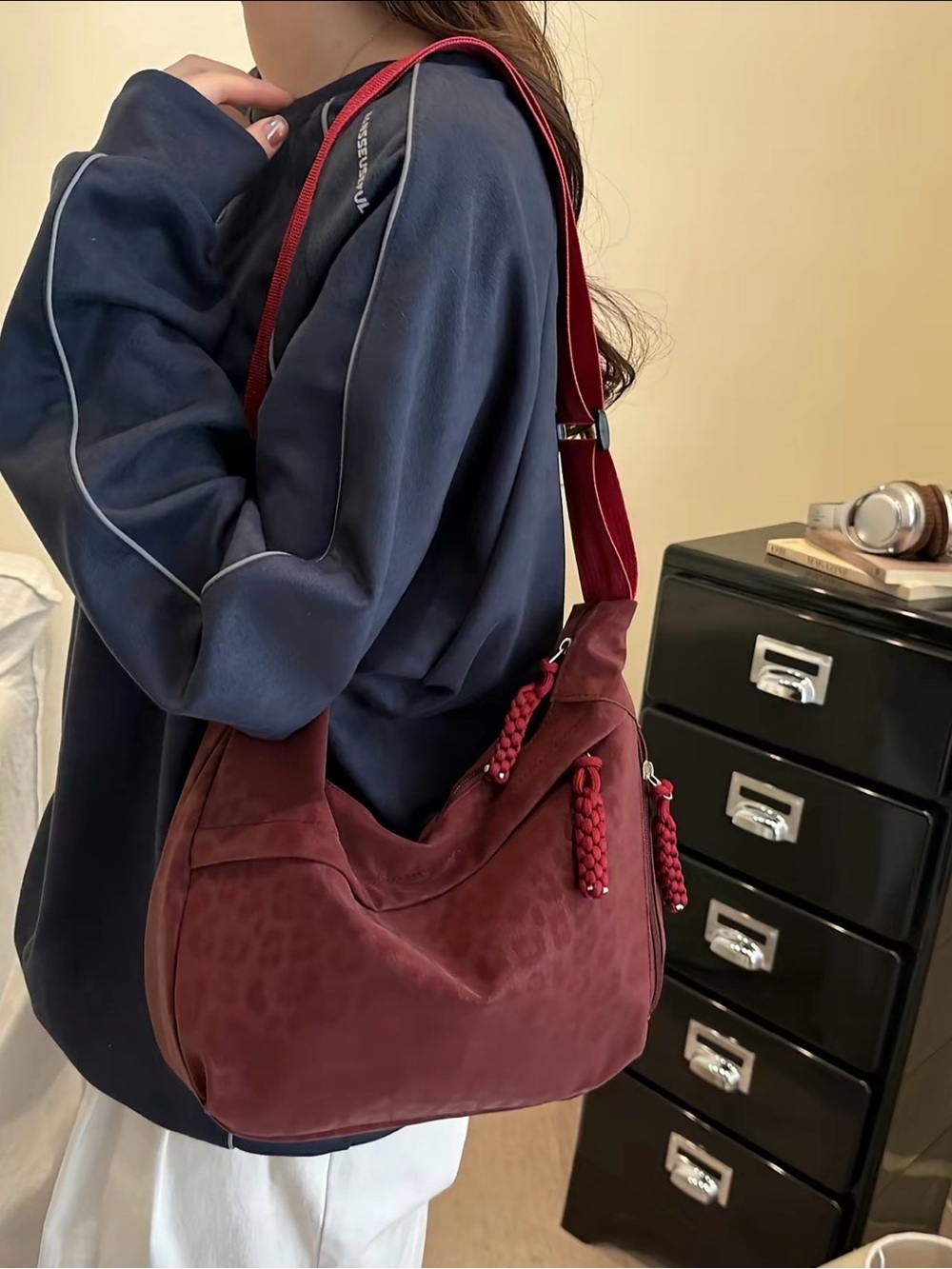 Burgundy Crescent Leopard Print Bag - Casual Hobo Purse